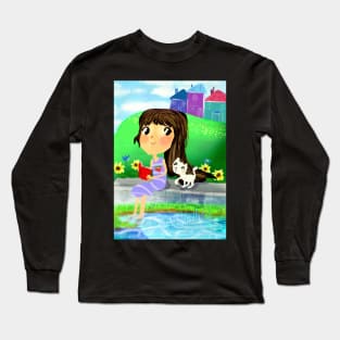 A girl with a kitty reading a book by the river Long Sleeve T-Shirt